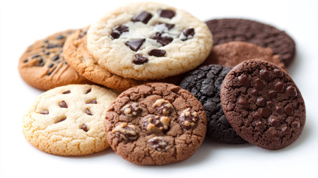 A Tempting Assortment of Freshly Baked Chocolate Chip Cookies Isolated on a White Background.の素材
