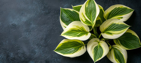 Variegated Hosta Plant Leaves, Green And White, On Textured Slate Background With Copy Spaceの素材