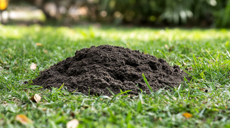Fresh Molehill on a Vibrant Green Lawn, Evidence of Pest Activity in Garden, Close Up Viewの素材