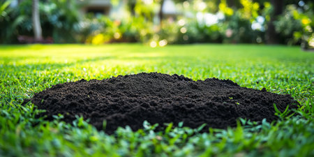 Close-up of a Fresh Molehill Evidence of Burrowing Animals Disrupting a Lush Green Lawnの素材