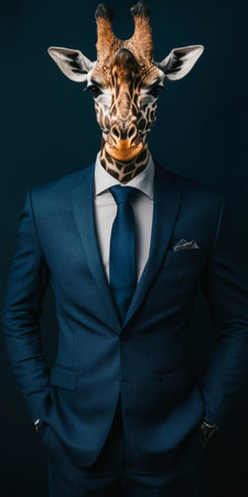 Giraffe in a Suit. Portrait on a Dark Background, Anthropomorphic Animal Personifying a Businessmanの素材