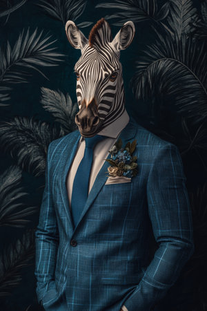 Zebra In Suit, Animal Human Hybrid Portrait On Dark Background, Anthropomorphism Conceptの素材