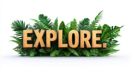 Explore Sign In Lush Foliage, Vivid Tropical Plants Forming Letters On Clear Backgroundの素材