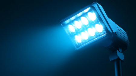 Blue LED Spotlight Shining Beam on Dark Background With Copy Space. Illuminating Concept.の素材