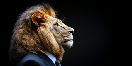 Majestic Lion in a Business Suit, Anthropomorphic Portrait on Black Background, Business Conceptの素材