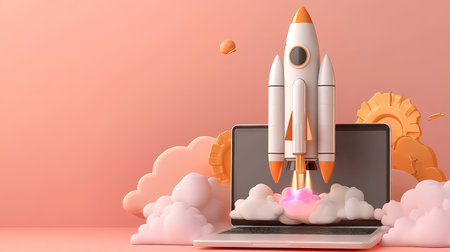 Startup Concept, White Rocket Launching From Laptop Screen with Smoke, 3D Render on Pink Backgroundの素材