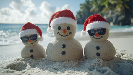Snowman Family Enjoys Tropical Christmas Vacation on Sandy Beach with Palm Trees and Ocean Viewの素材