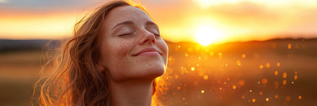 Golden Hour Serenity A Profile Portrait of a Woman Embracing the Sunset s Glow and Warmthの素材