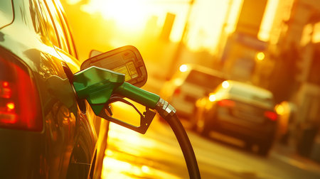 Silver Car Refueling at Gas Station, Golden Hour Sunlight, Transportation Energy Conceptの素材