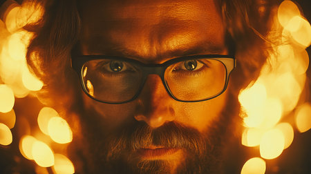 Portrait of a Bearded Man with Glasses, Intense Gaze Amidst Bokeh Lights, Moody Atmosphereの素材