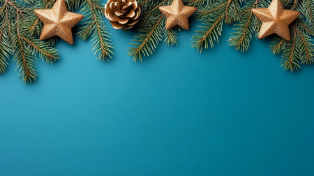 Christmas Frame, Fir Branches With Golden Stars, And Cones On A Aqua Blue Background.の素材