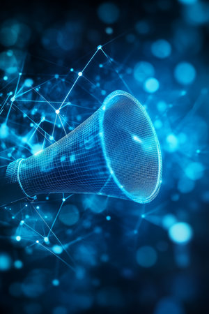 Digital Megaphone on Abstract Technology Background with Geometric Network Lines and Connectionsの素材