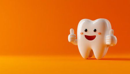 3D Healthy Happy Tooth with Thumbs Up on Bright Background, Dental Care Concept Illustrationの素材