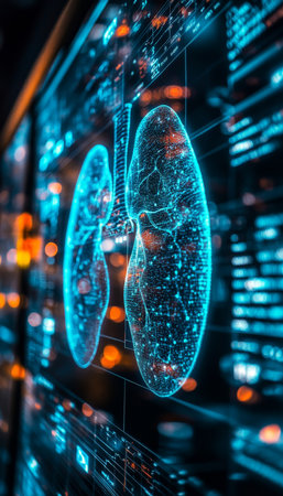 Holographic Lungs on High-Tech Medical Display with Real-Time Respiratory Data and Analysis.の素材