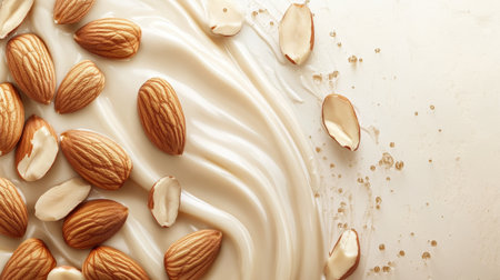 Fresh Almond Milk Swirl with Whole and Sliced Almonds, Healthy Vegan Beverage Backgroundの素材