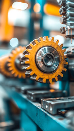 Industrial Gears in Motion Abstract Blur of Blue and Yellow Machinery in Manufacturingの素材