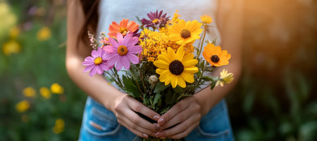 Woman Holding a Bouquet of Wildflowers Against a Sunny Backdrop, Perfect for Spring or Summerの素材