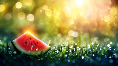Juicy Watermelon Slice on Lush Green Grass in the Morning Dew, A Refreshing Summer Concept.の素材