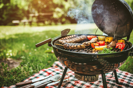 Summertime Barbecue Delicious Sausages and Grilled Vegetables on a Charcoal Grill in a Park Settingの素材