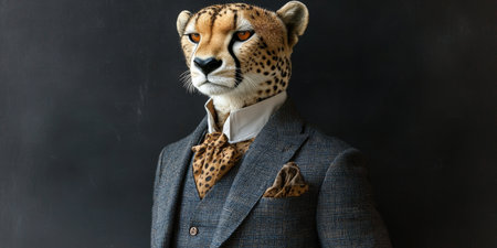 Cheetah in a Suit Striking Portrait Blending Animal and Human Traits Against a Dark Backgroundの素材