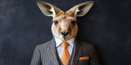 Portrait of a Kangaroo in a Suit on a Dark Background, Anthropomorphic Style, Business Conceptの素材