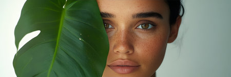 Beauty, Close Up Woman With Freckles Holds Large Tropical Green Monstera Leaf In Front Of Her Faceの素材