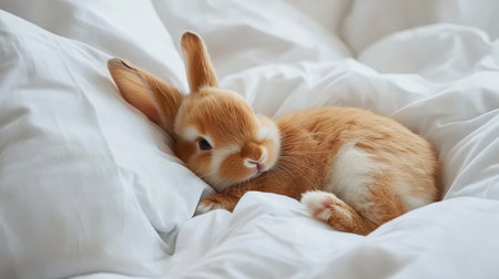 Cute Redhead Bunny Rabbit Sleeping Peacefully in White Bedding Comfort, Relaxation, and Pet Careの素材