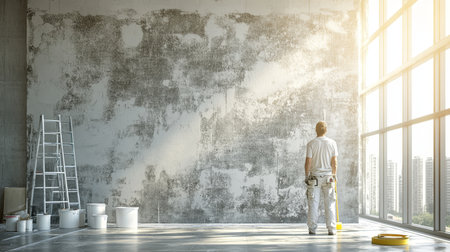 Painter Contemplating Work on Large Grey Wall in Sunlit Workspace, Home Renovation Conceptの素材