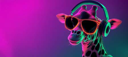 Stylish Giraffe Wearing Headphones and Neon Sunglasses Against a Vibrant, Colorful Backgroundの素材