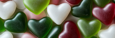 Valentines Day Background. Colorful Green, Red, Pink, and White Heart Candies Close Up.の素材