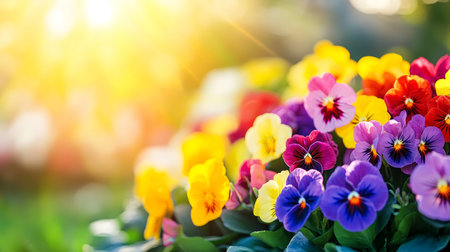 Vibrant Pansy Garden Colorful Blooms in Sunlight, a Cheerful Display of Nature s Beauty.の素材