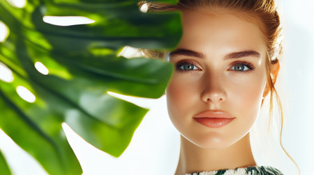 Beautiful Woman with Flawless Skin and Monstera Leaf, Beauty Portrait on White Backgroundの素材