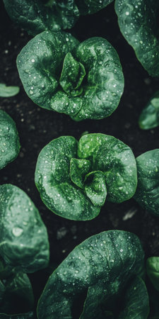 Close-up, Fresh Green Lettuce Leaves, Water Droplets, Vibrant Green Texture, Natural Food Backgroundの素材