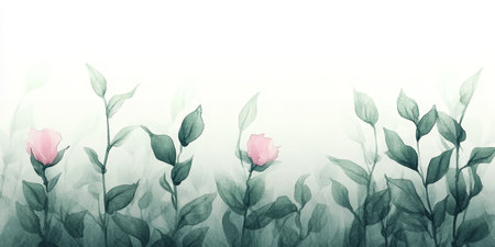 Gentle Watercolor Floral Border, Pink Roses, Lush Green Leaves, Soft Background, Nature Illustrationの素材