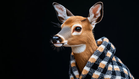 Studio Portrait of Doe in Checkered Shawl on Black Background Animal Fashion or Wildlife Conceptの素材