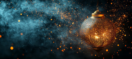 Golden Ornate Lantern Against a Moody Blue Backdrop with Sparkling Light Trails for Ramadan Kareemの素材