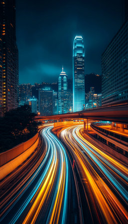 Vibrant Cityscape at Night, Light Trails, Skyscrapers, Hong Kong Skyline, Long Exposure Photographyの素材