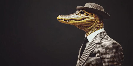 Conceptual portrait Profile of a Crocodile in tweed suit with hat against a dark backgroundの素材