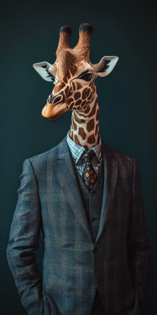 Portrait of a Giraffe in a Suit against a Dark Background, Sophisticated Animal Conceptの素材