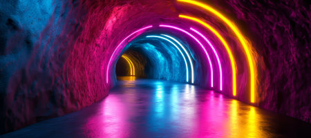 Neon Tunnel Background, Abstract Ultraviolet Light Show, Electric Colors, Fluorescent Cyber Designの素材