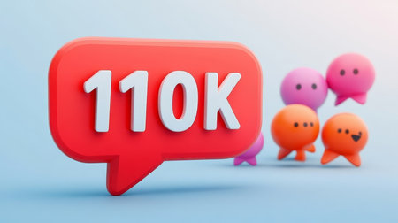 3D illustration, Red chat bubble with 110K text and blurred colorful icons. Social media concept.の素材