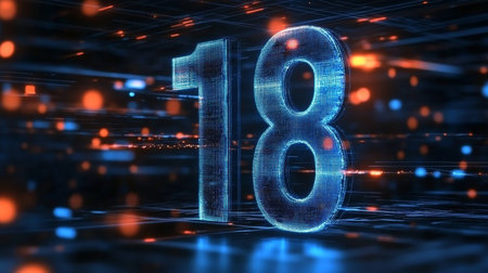 Glowing Futuristic Number 18 on Abstract Digital Background Technology and Celebration Conceptの素材