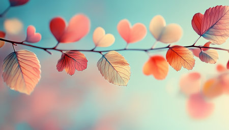 Pastel Heart-Shaped Leaves on Branch, Romantic Nature Background, Love and Valentine s Day Conceptの素材