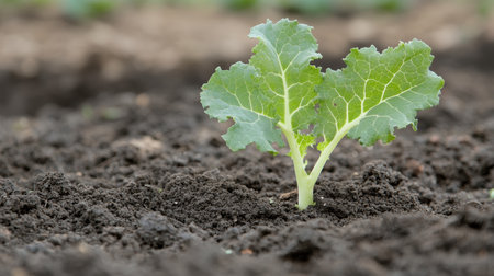Young kale seedling with first true leaves in fertile, dark soil, a symbol of growth and spring.の素材