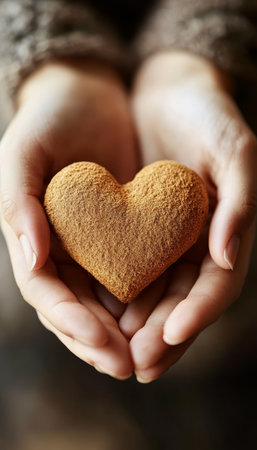 Close-up of Woman s Hands Gently Holding a Rustic Knitted Heart, Symbolizing Love, Warmth, and Careの素材