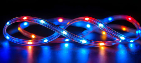 Vibrant Glow Red and Blue LED Strip Lights Form Intricate Swirls on Dark Backgroundの素材