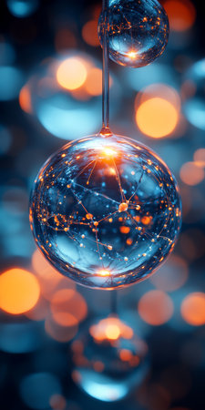 Sparkling Blue Christmas Ornament with Festive Bokeh Background and Delicate Chain Detailの素材