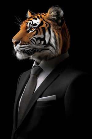 Majestic Tiger in Suit A Captivating Portrait of Anthropomorphism Against Dark Backgroundの素材