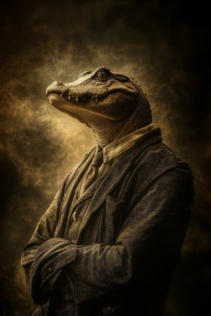 Reptilian Businessman Portrait of an Anthropomorphic Crocodile in Suit, Dark Backgroundの素材