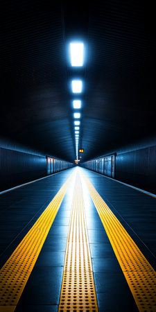 Modern Subway Station Platform, Fluorescent Lighting, Yellow Safety Lines, and Perspective Viewの素材
